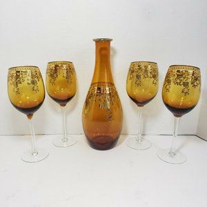 Vintage Amber 4 Wine Glasses Decanter Gold Etched